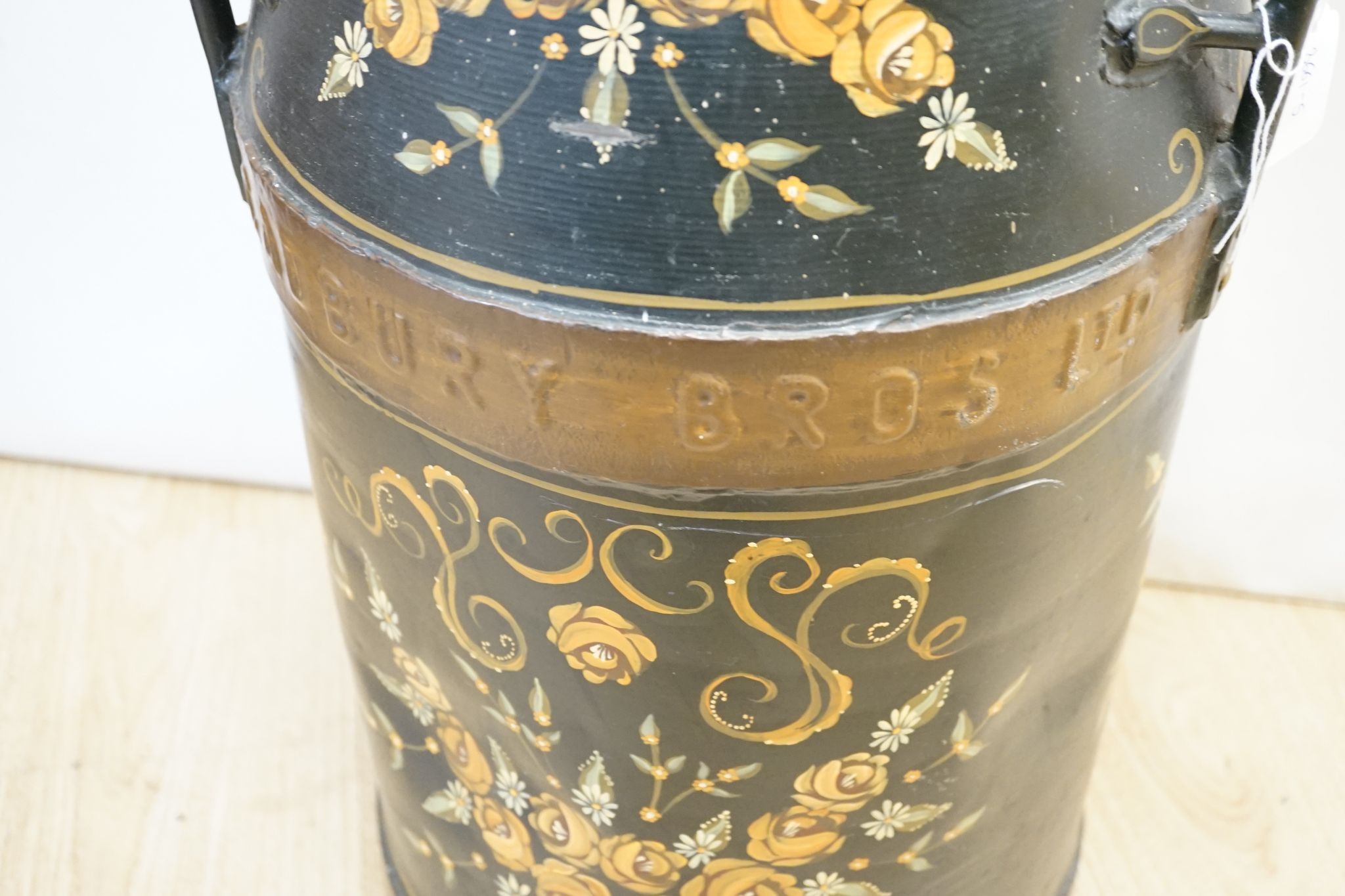 Cadbury Bro Ltd toleware churn, floral painted, 72cm